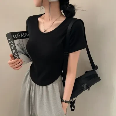 Chic Haven [夏の新商品] ホイソン ベーシック ユーネック 半袖 袖 Tシャツ