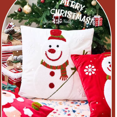 クリスマス刺繍クッションカバー｜芯なし・雪だるま・枕カバー・リビングソファ・クッションカバー