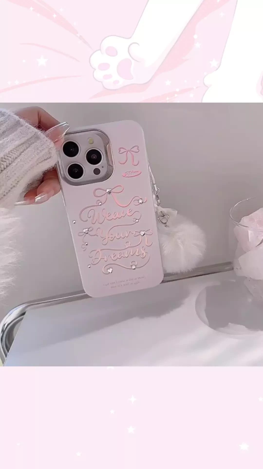 ピンクのリボン・レーザー加工iPhoneケース｜ストラップ付き